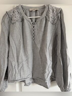 LOFT Light Gray Crochet-Shoulder Button Front Blouse